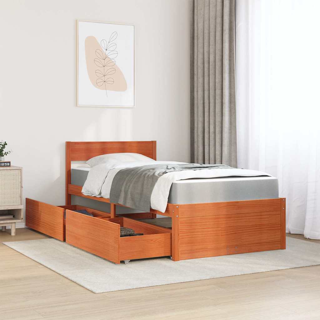 Lit avec tiroirs/matelas cire marron 90x200 cm bois massif pin - XIOS