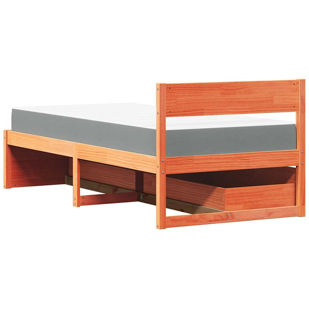 Lit avec tiroirs/matelas cire marron 90x200 cm bois massif pin - XIOS