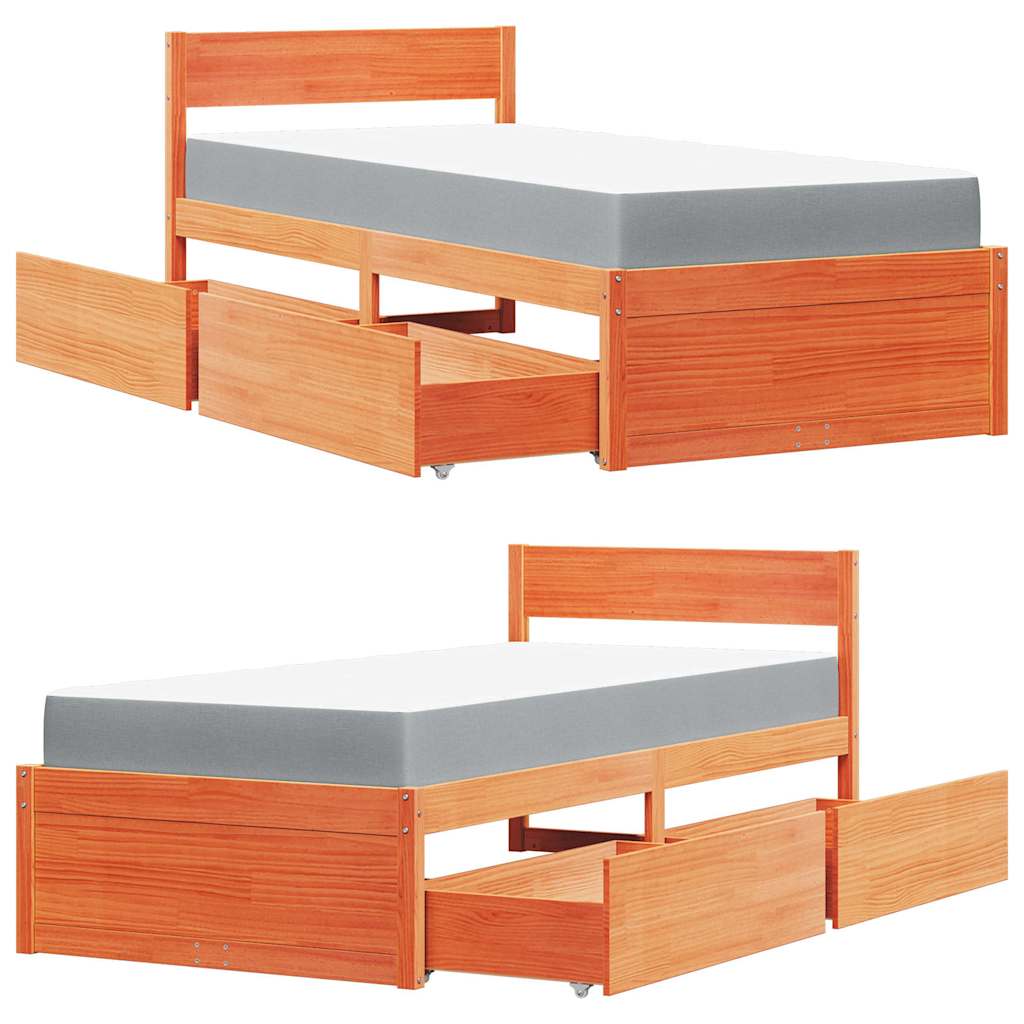 Lit avec tiroirs/matelas cire marron 90x200 cm bois massif pin - XIOS