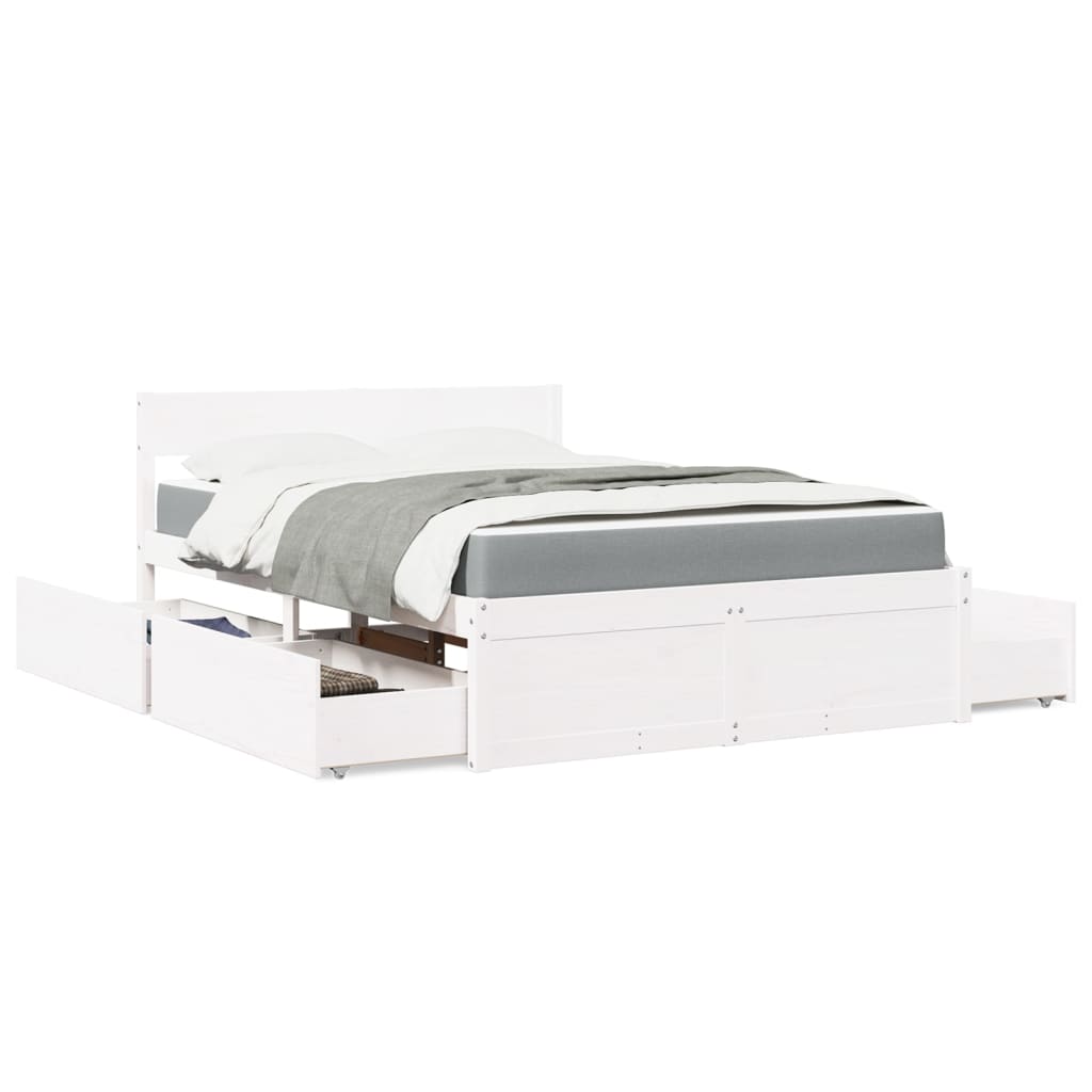 Lit avec tiroirs et matelas blanc 140x190 cm bois massif de pin - XIOS