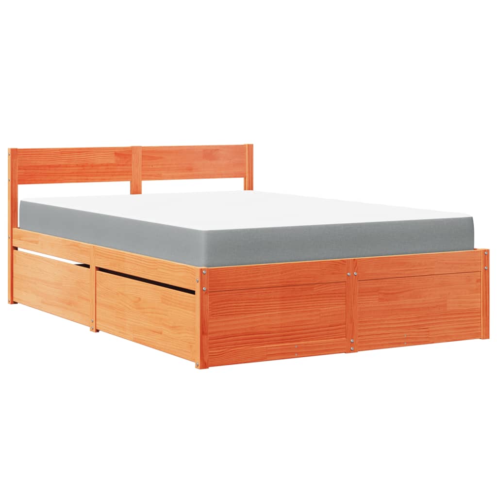 Lit avec tiroirs/matelas cire marron 140x190 cm bois massif pin - XIOS