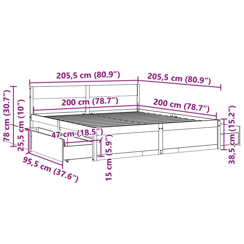 Cadre de lit sans matelas cire marron 200x200cm bois pin massif - XIOS