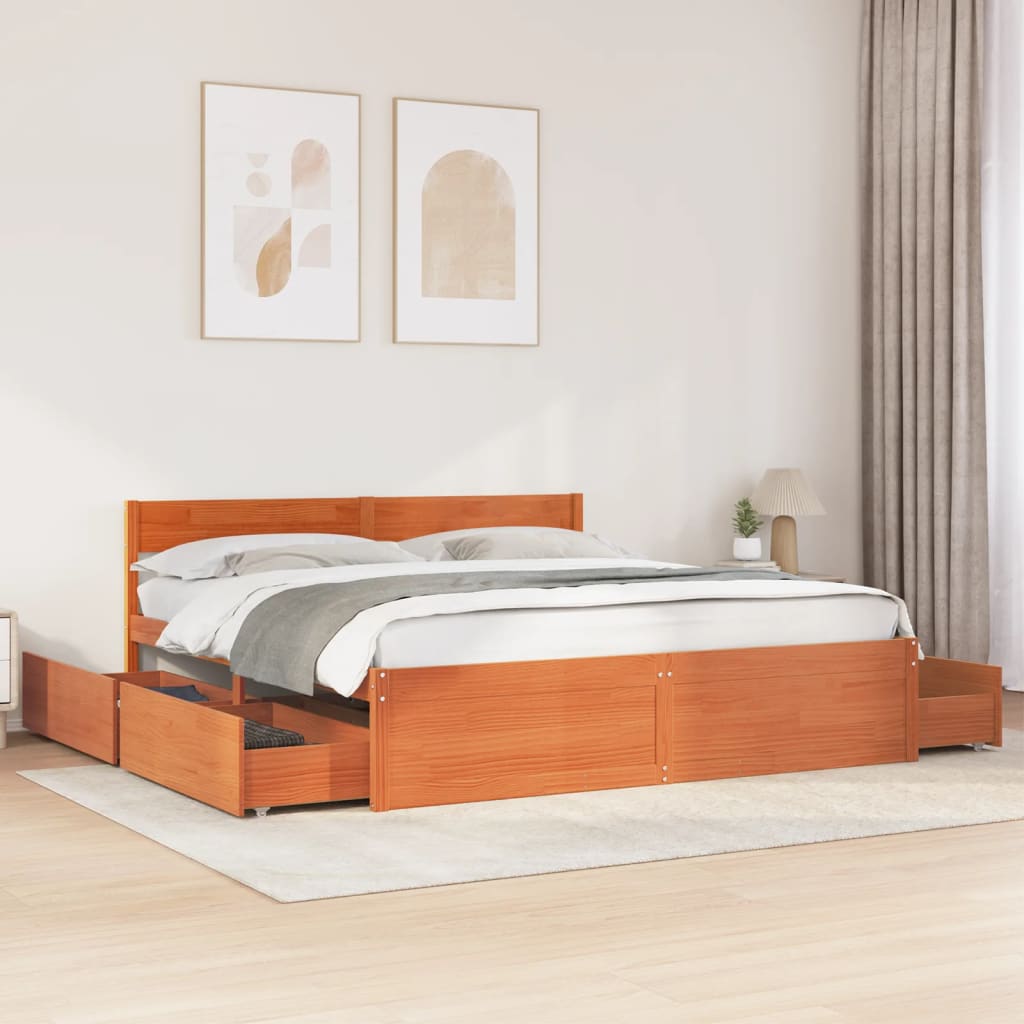 Cadre de lit sans matelas cire marron 200x200cm bois pin massif - XIOS
