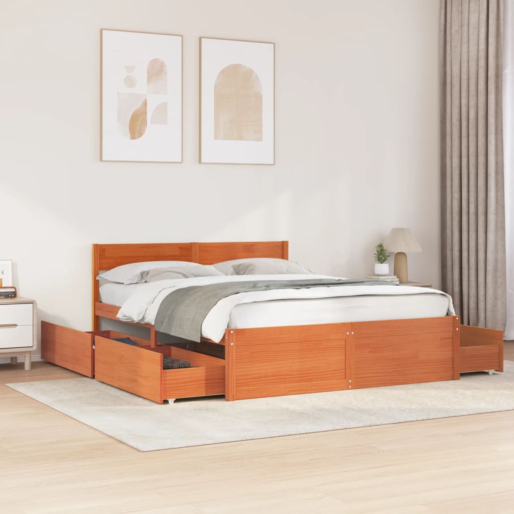 Cadre de lit sans matelas cire marron 160x200cm bois pin massif - XIOS