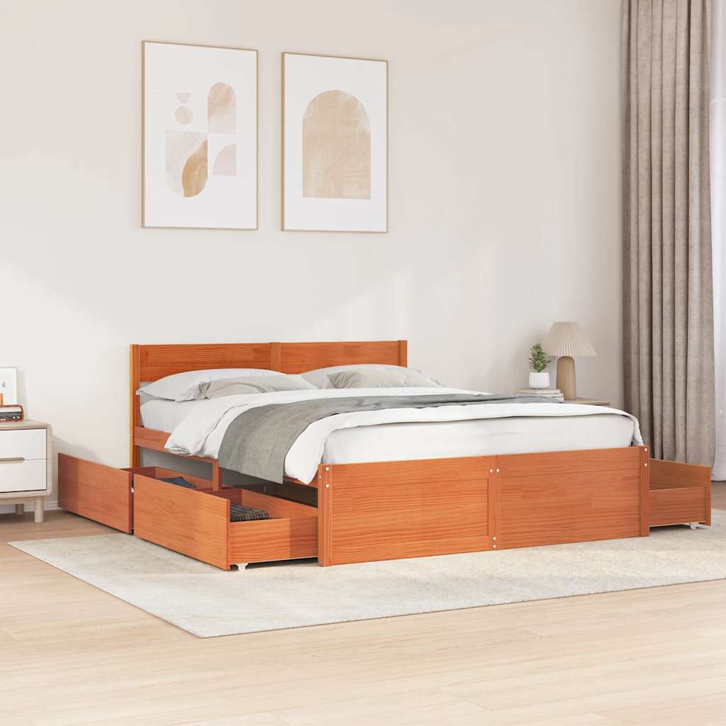 Cadre de lit sans matelas cire marron 140x200cm bois pin massif - XIOS