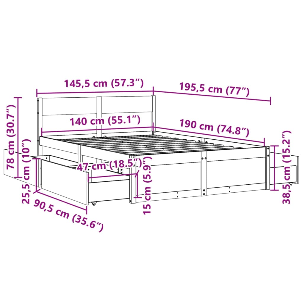Cadre de lit sans matelas 140x190 cm bois de pin massif - XIOS