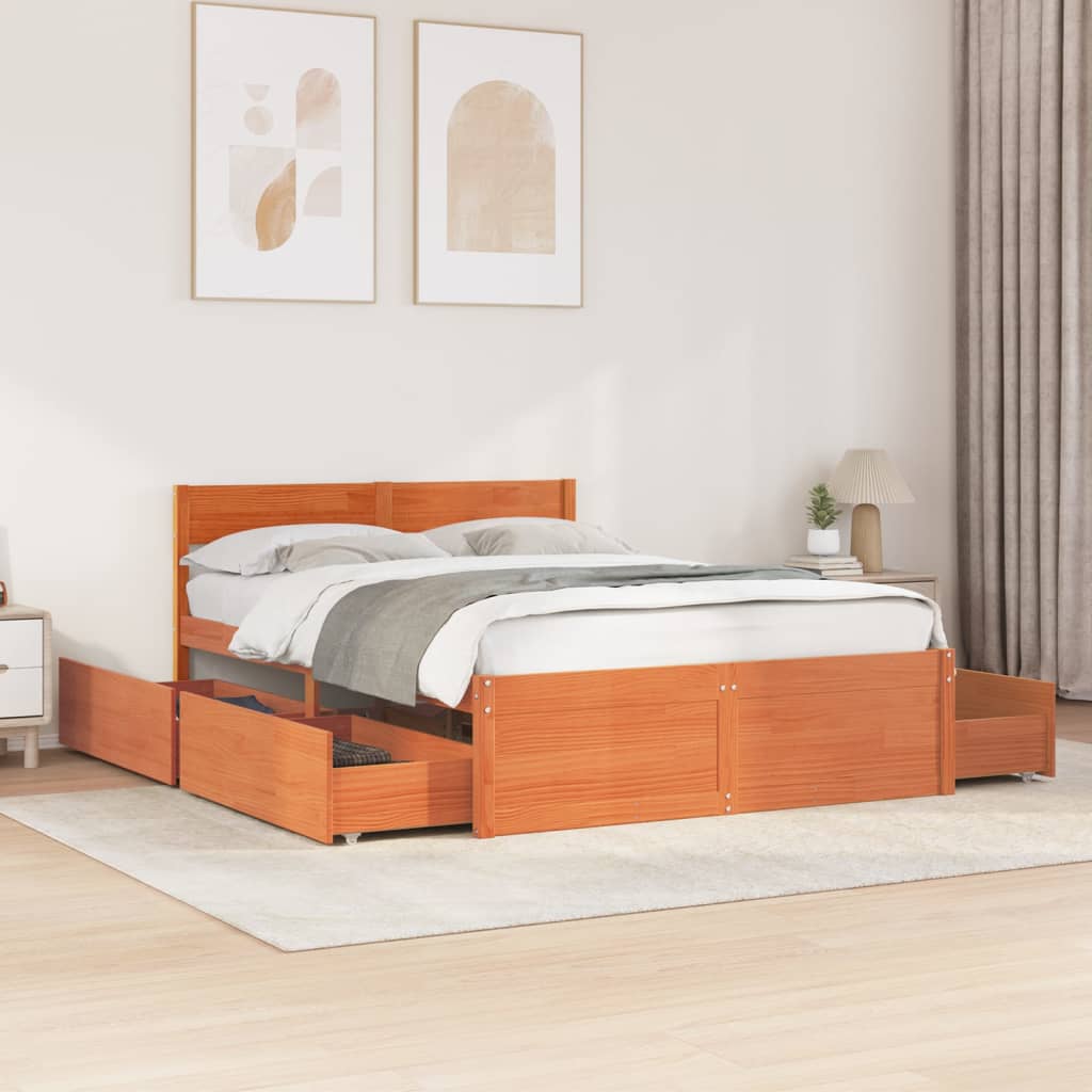 Cadre de lit sans matelas cire marron 135x190cm bois pin massif - XIOS