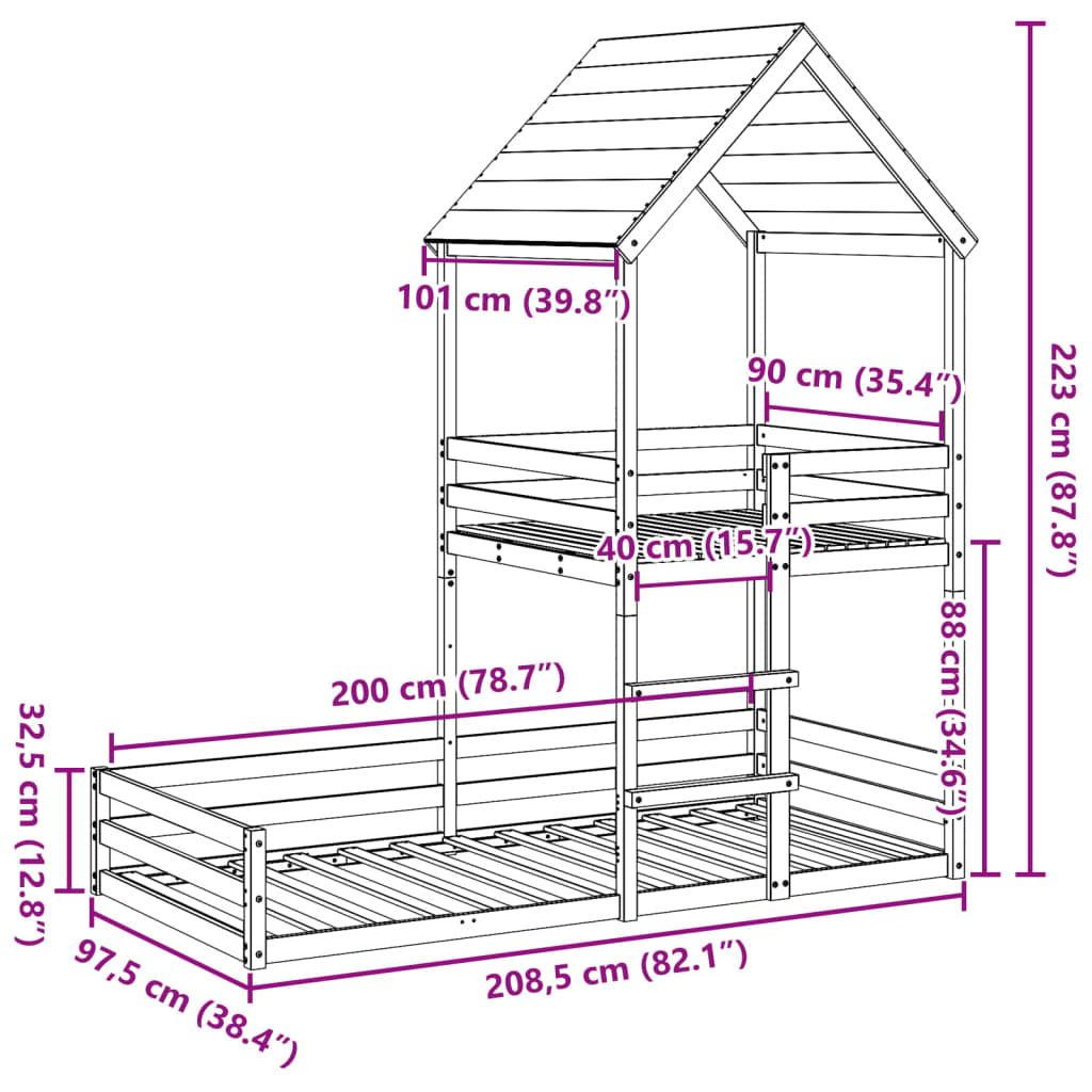 Lit superposé sans matelas blanc 90x200 cm bois de pin massif - XIOS
