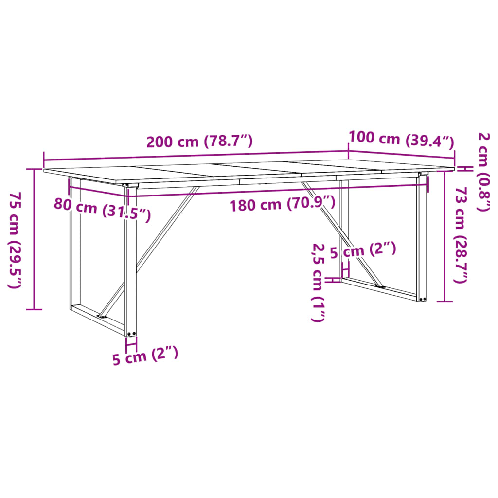 Table à manger cadre en O 200x100x75cm bois de pin massif acier