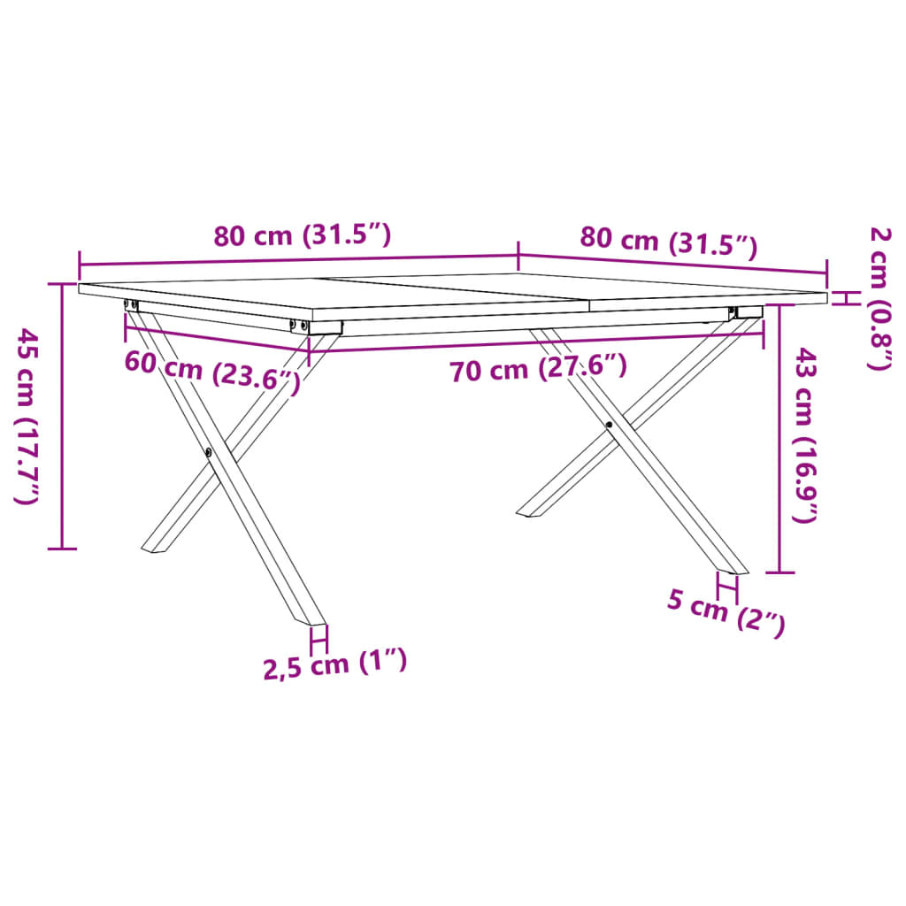 Table basse cadre en X 80x80x45 cm bois de pin massif et fonte - XIOS