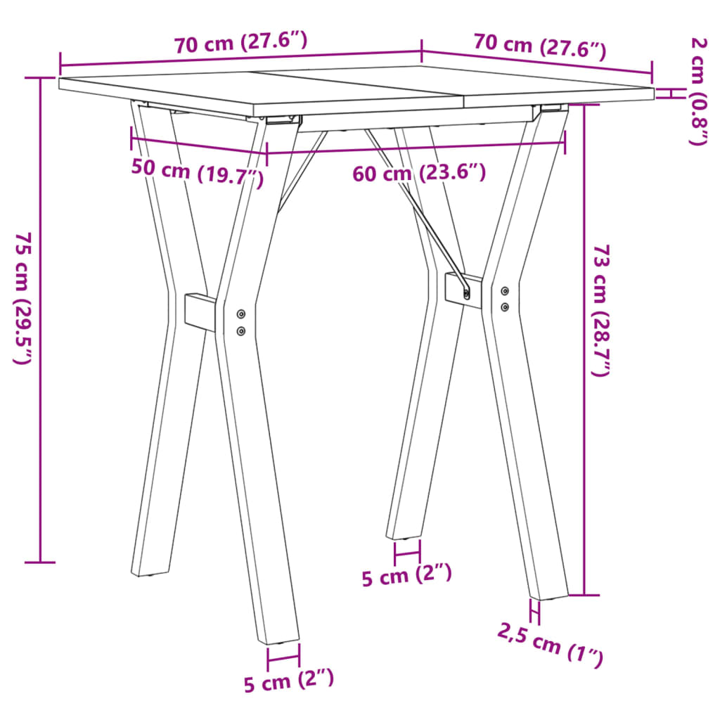 Table à manger cadre en Y 70x70x75 cm bois de pin massif acier - XIOS