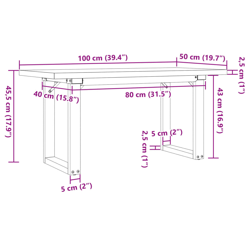 Table basse cadre en O 100x50x45,5 cm bois de pin massif fonte - XIOS