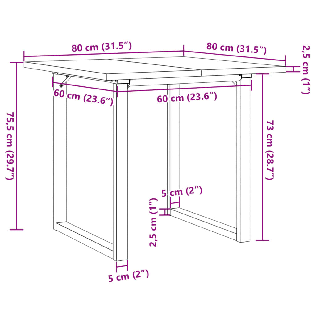 Table à manger cadre en O 80x80x75,5cm bois de pin massif acier - XIOS