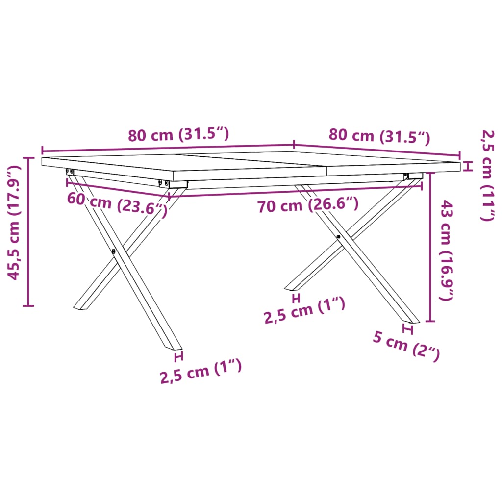 Table basse cadre en X 80x80x45,5cm bois de pin massif et acier - XIOS