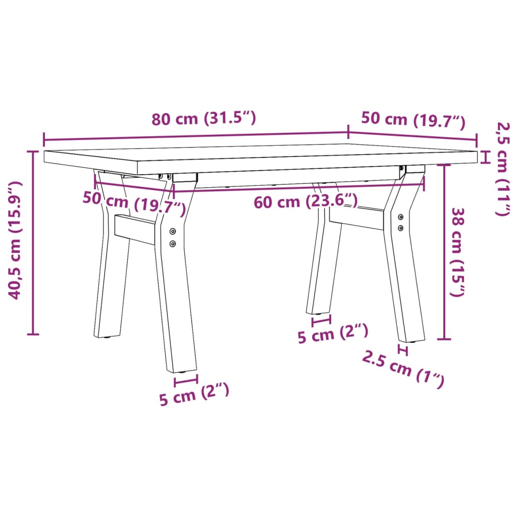Table basse cadre en Y 80x50x40,5cm bois de pin massif et acier - XIOS