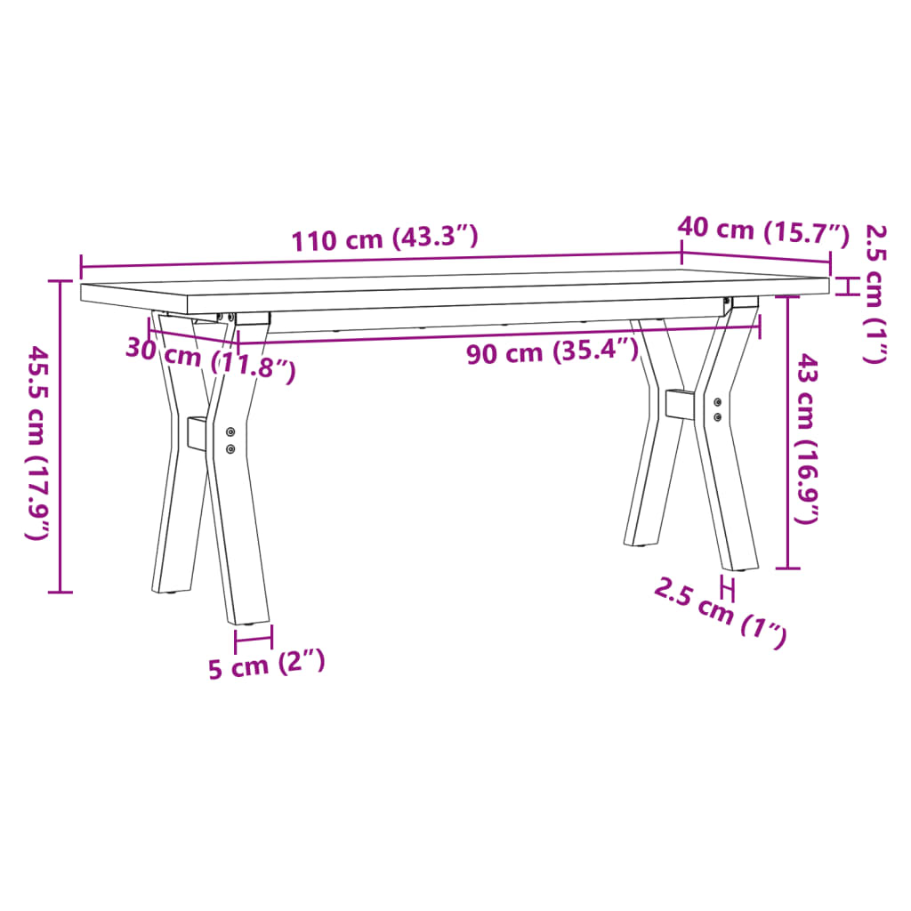 Table basse cadre en Y 110x40x45,5 cm bois de pin massif acier - XIOS