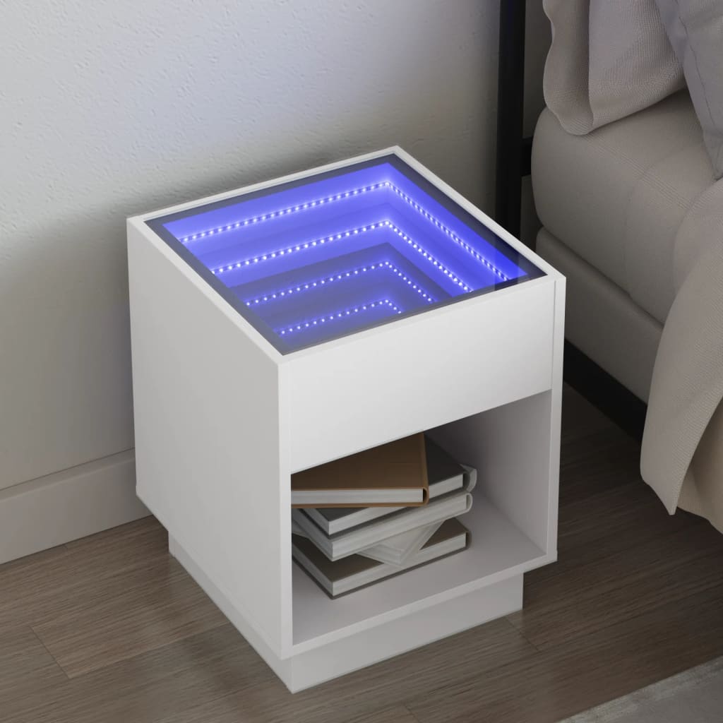 Table de chevet avec LED infini blanc 40x40x50 cm - XIOS