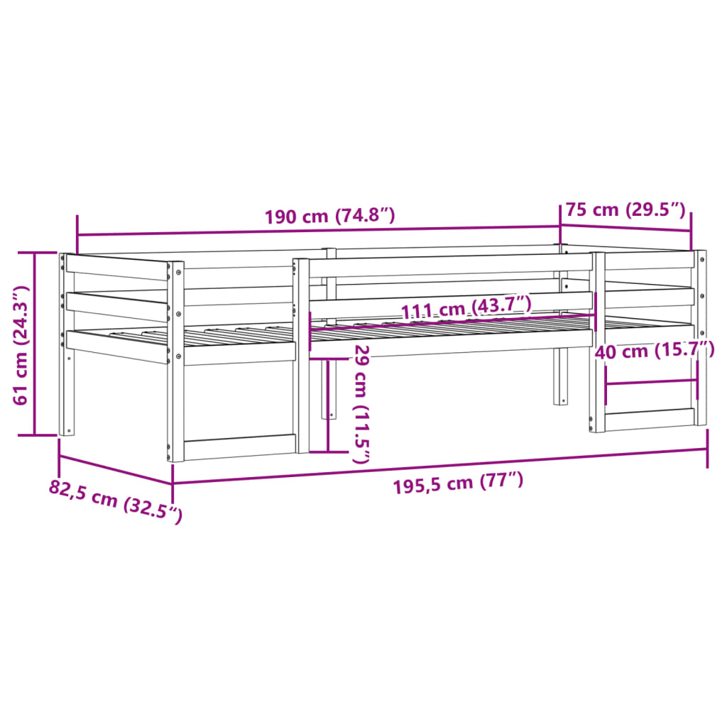 Cadre de lit pour enfants sans matelas 75x190 cm pin massif - XIOS
