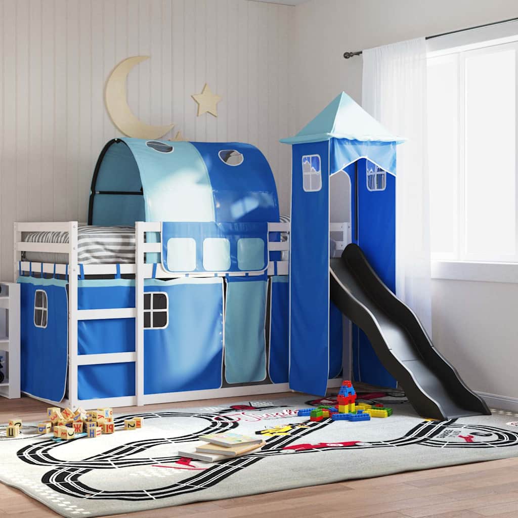 Lit superposé sans matelas avec toboggan et rideaux 90x200 cm