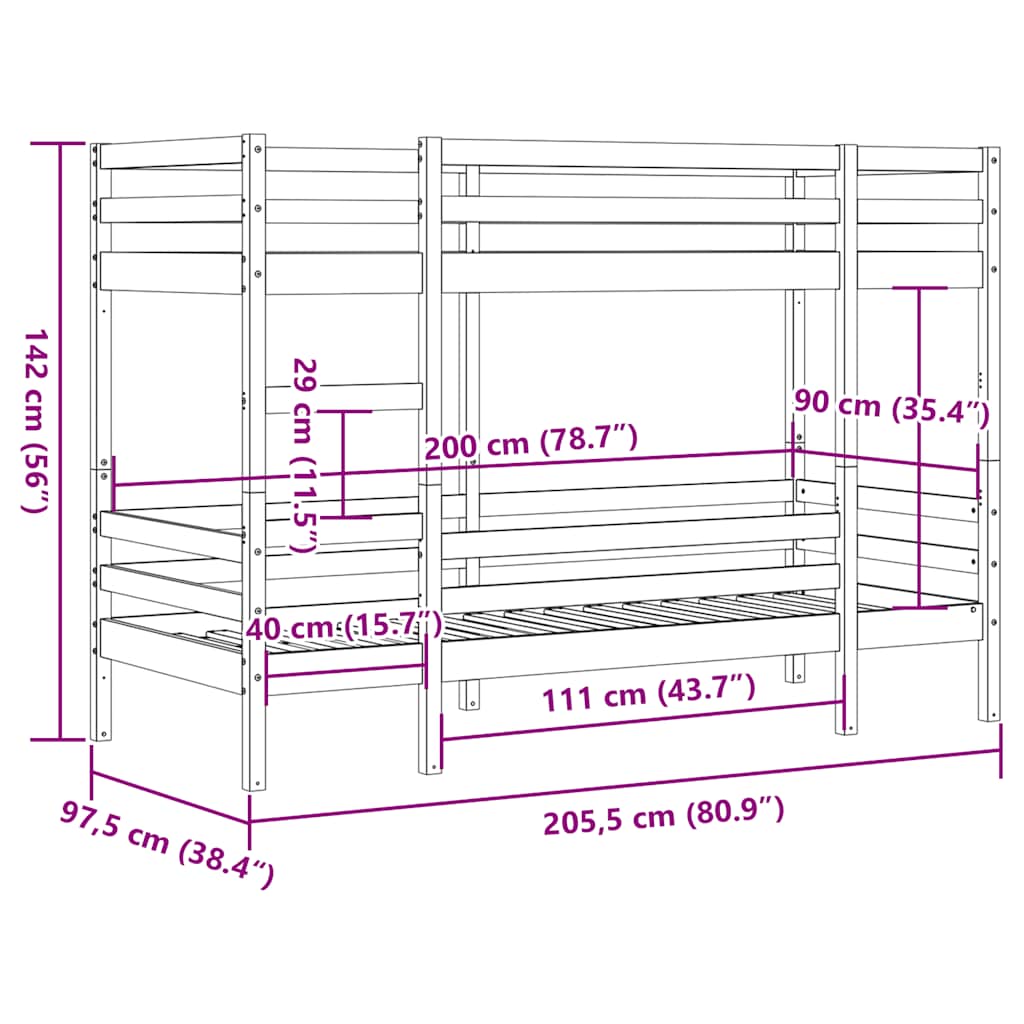 Lit superposé sans matelas cire marron 90x200 cm pin massif - XIOS