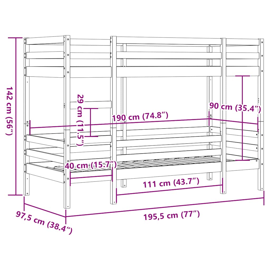 Lit superposé sans matelas cire marron 90x190 cm pin massif - XIOS