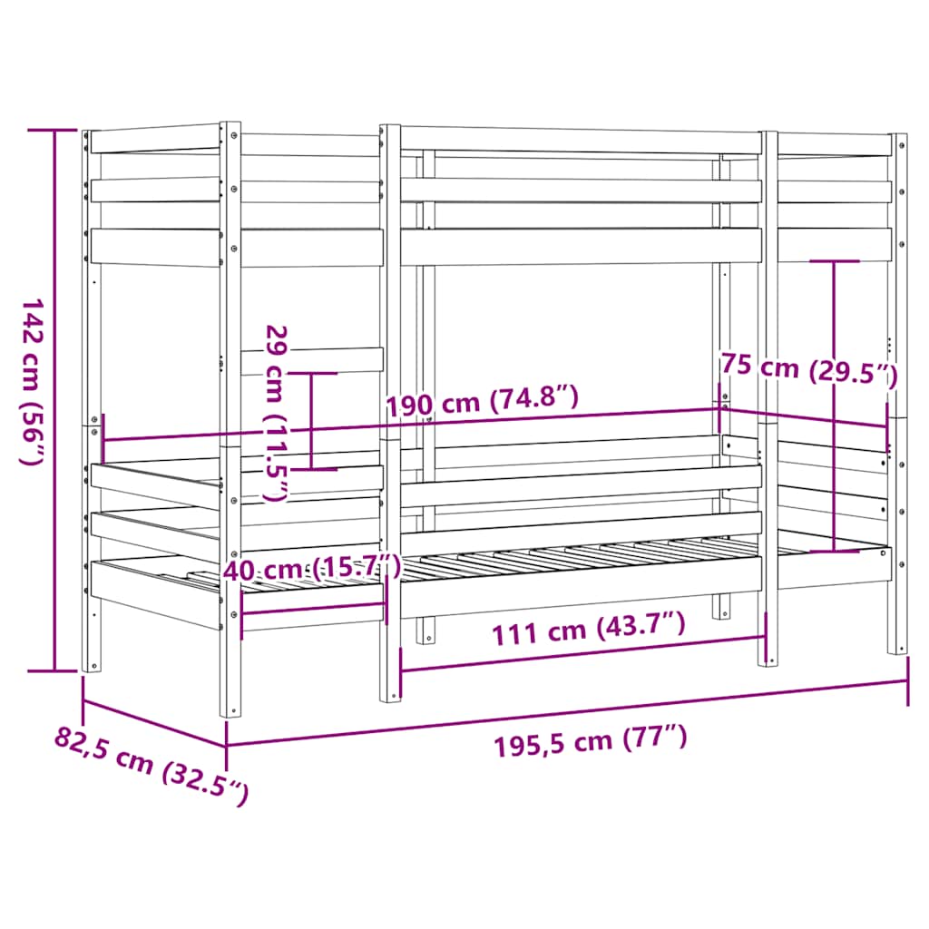 Lit superposé sans matelas blanc 75x190 cm bois de pin massif - XIOS