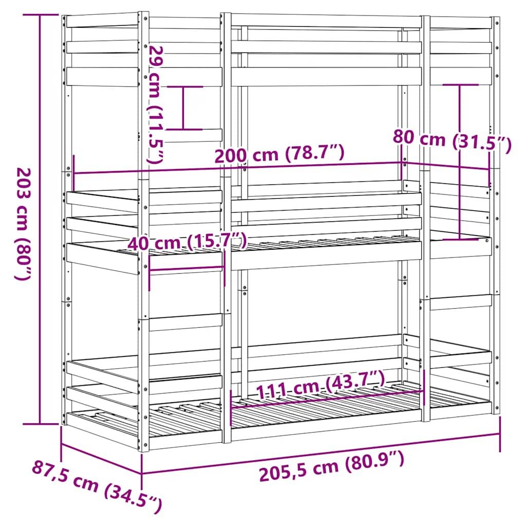 Lit superposé triple sans matelas 80x200 cm bois de pin massif - XIOS
