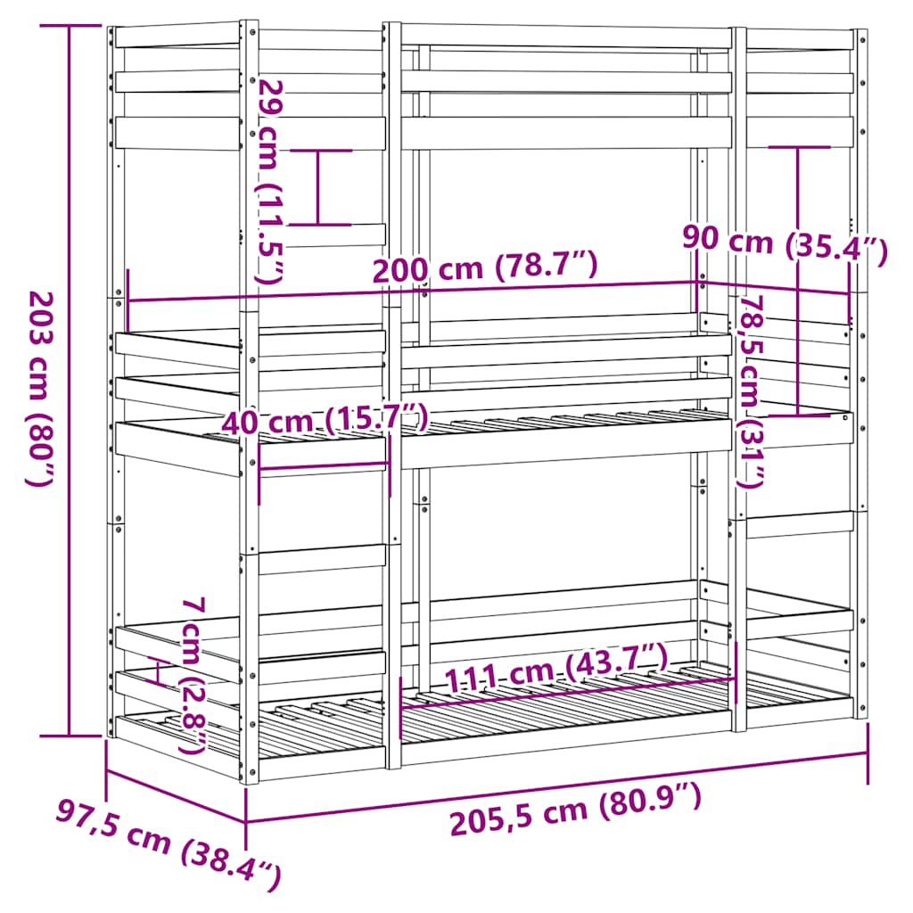 Lit superposé triple sans matelas 90x200 cm bois de pin massif - XIOS