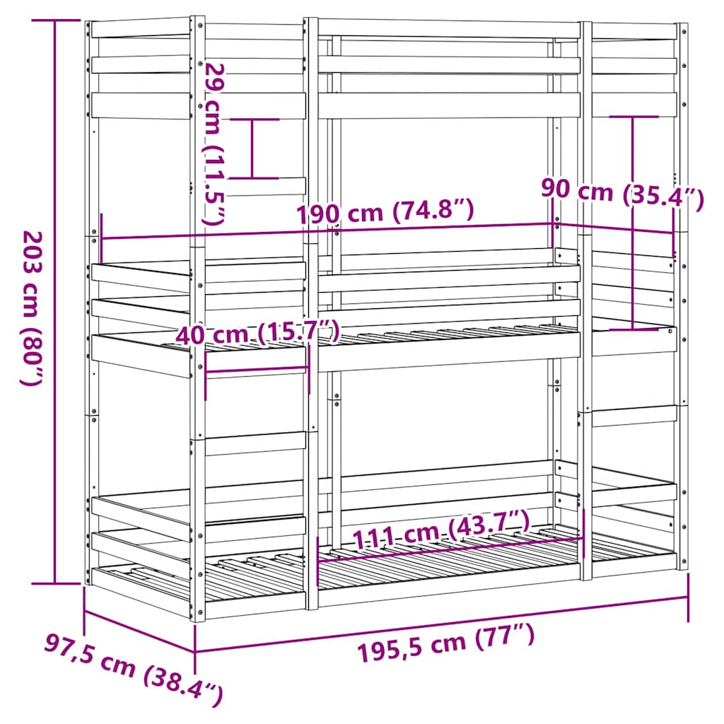 Lit superposé triple sans matelas 90x190 cm bois de pin massif - XIOS