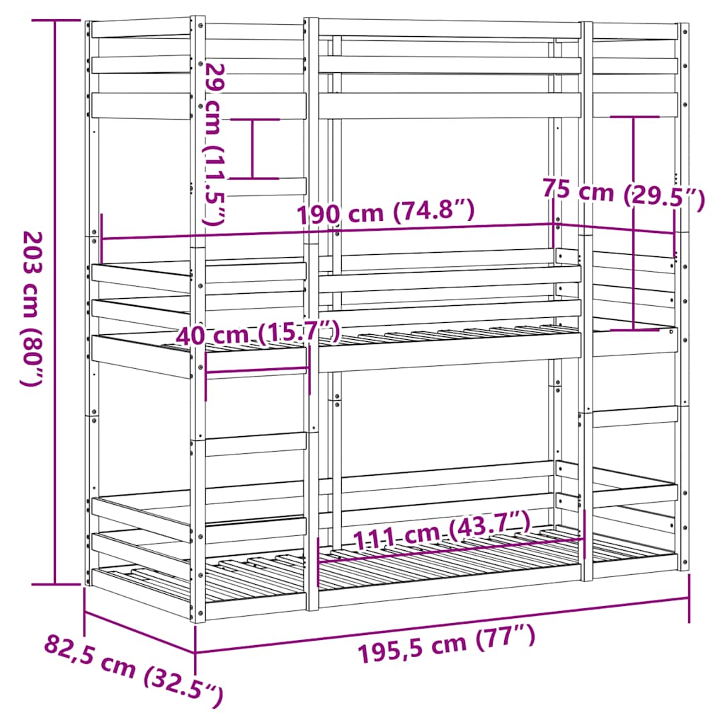 Lit superposé triple sans matelas 75x190 cm bois de pin massif - XIOS