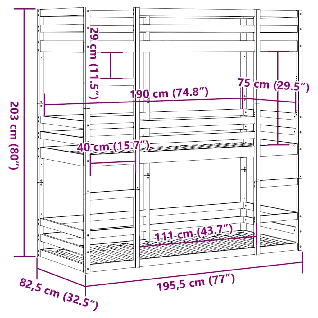 Lit superposé triple sans matelas 75x190 cm bois de pin massif - XIOS