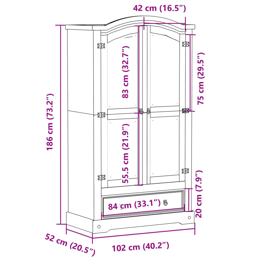 Garde-robe Corona 102x52x186 cm bois de pin massif - XIOS