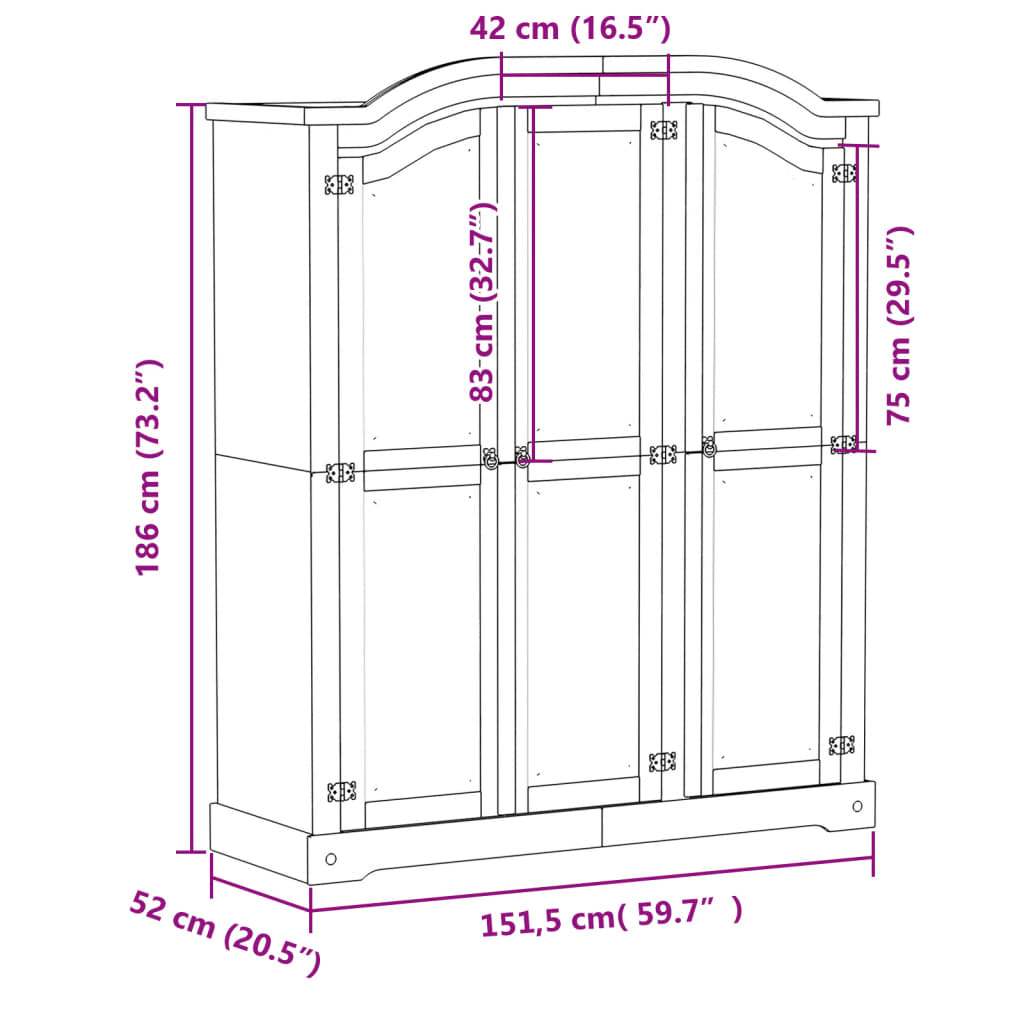 Garde-robe Corona 151,5x52x186 cm bois de pin massif - XIOS