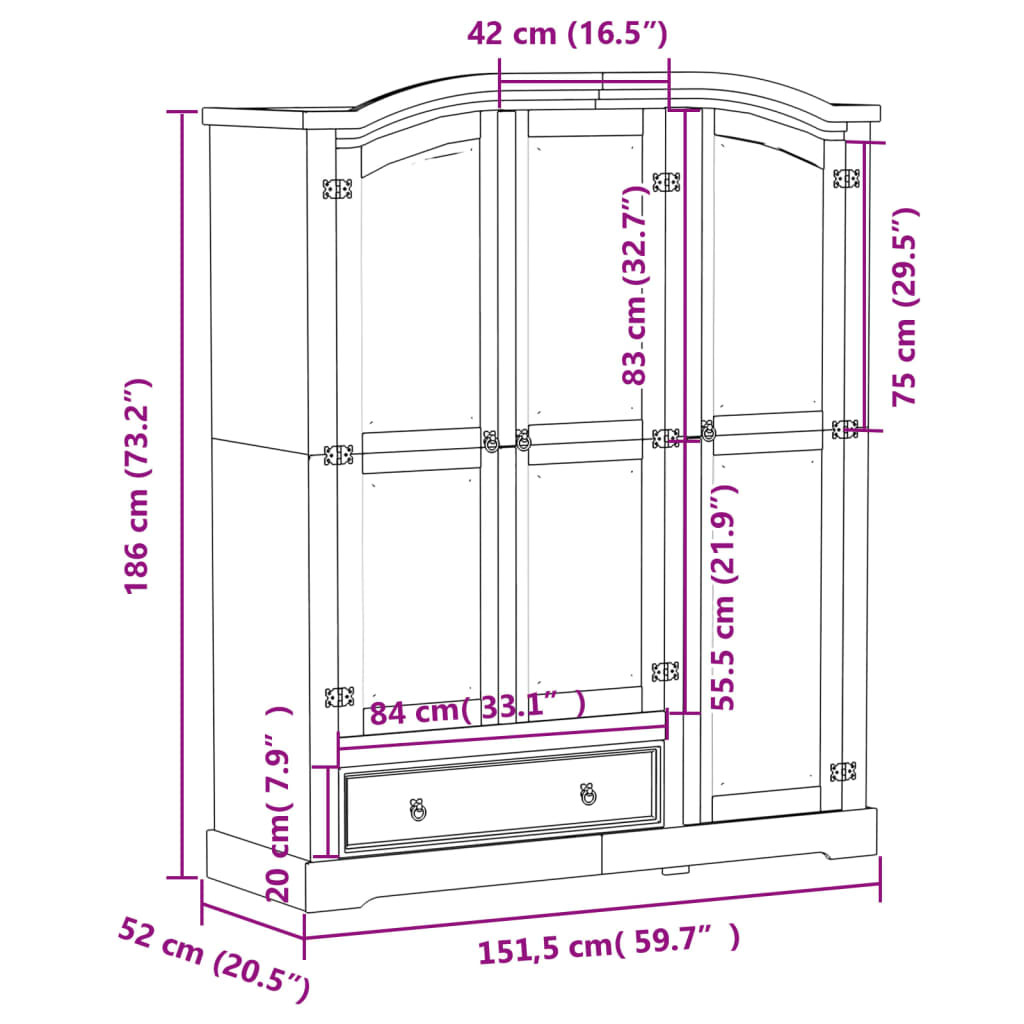 Garde-robe Corona 151,5x52x186 cm bois de pin massif - XIOS
