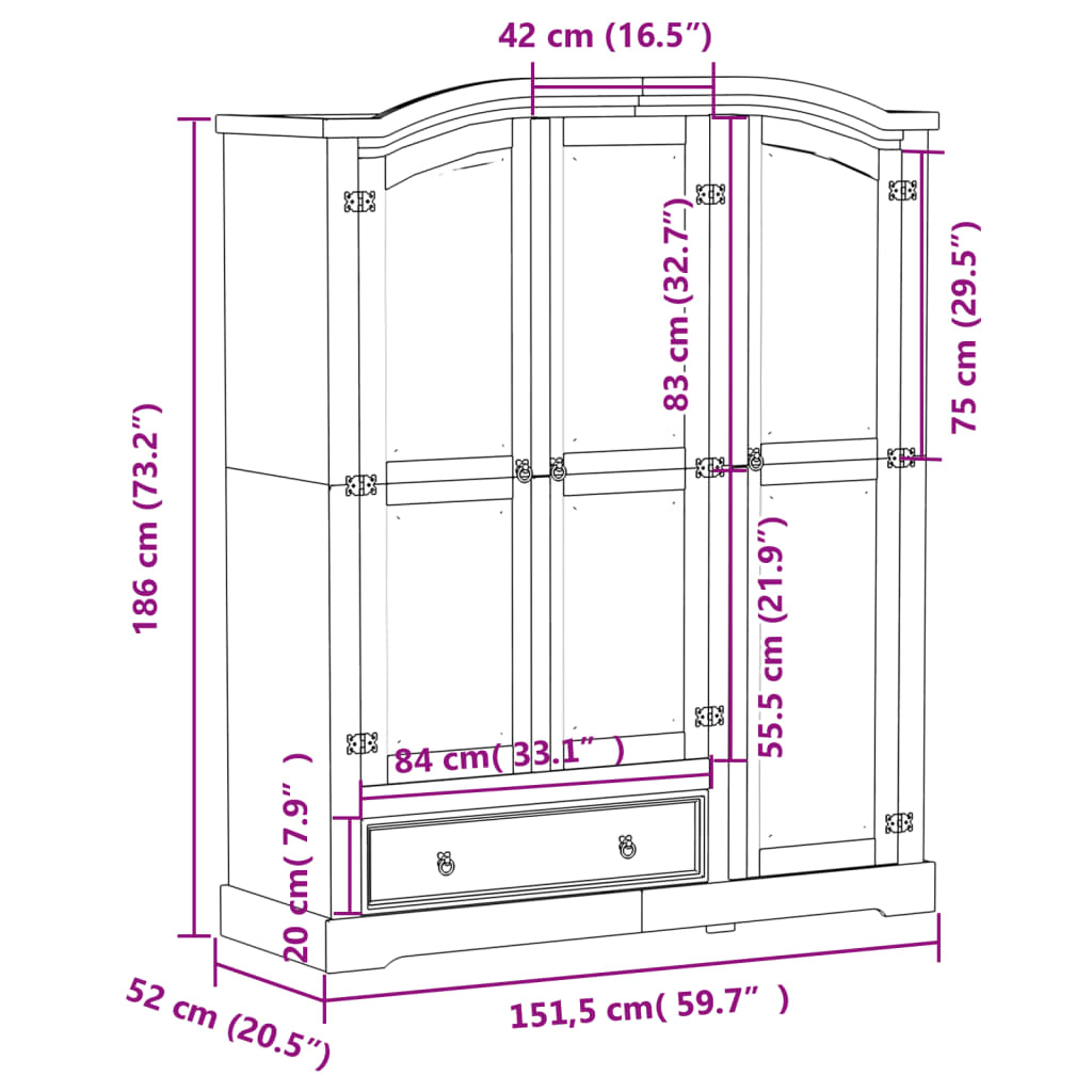 Garde-robe Corona blanc 151,5x52x186 cm bois de pin massif - XIOS