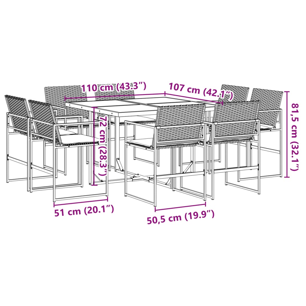Ensemble à manger de jardin 9pcs coussins noir résine tressée - XIOS