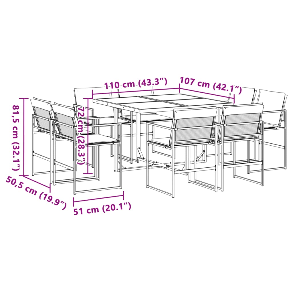 Ensemble à manger de jardin avec coussins 9 pcs noir textilène - XIOS