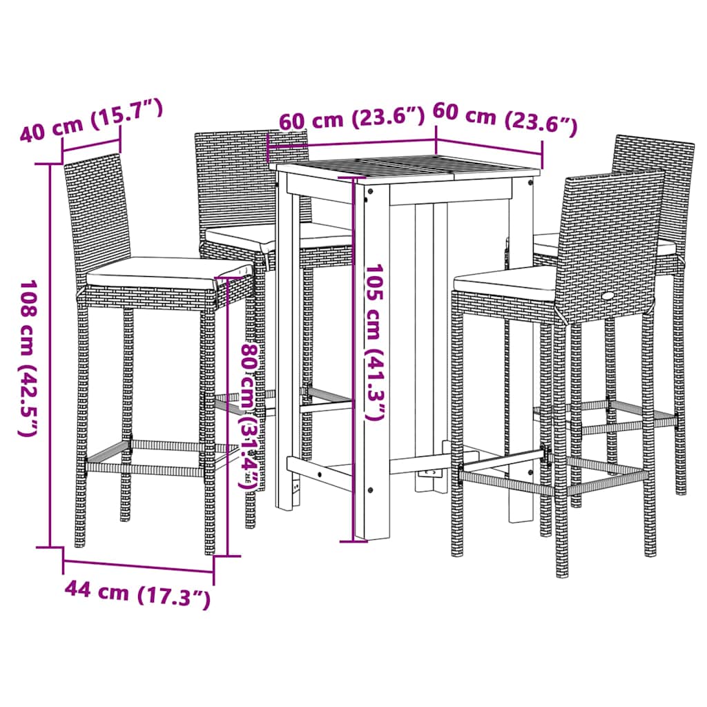 Ensemble de bar de jardin 5 pcs noir bois massif acacia rotin - XIOS