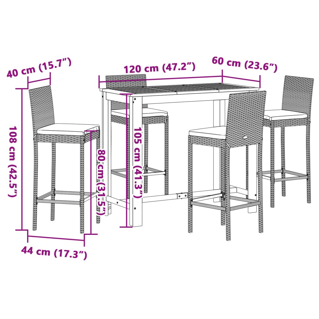 Ensemble de bar de jardin 5 pcs gris bois massif acacia rotin - XIOS