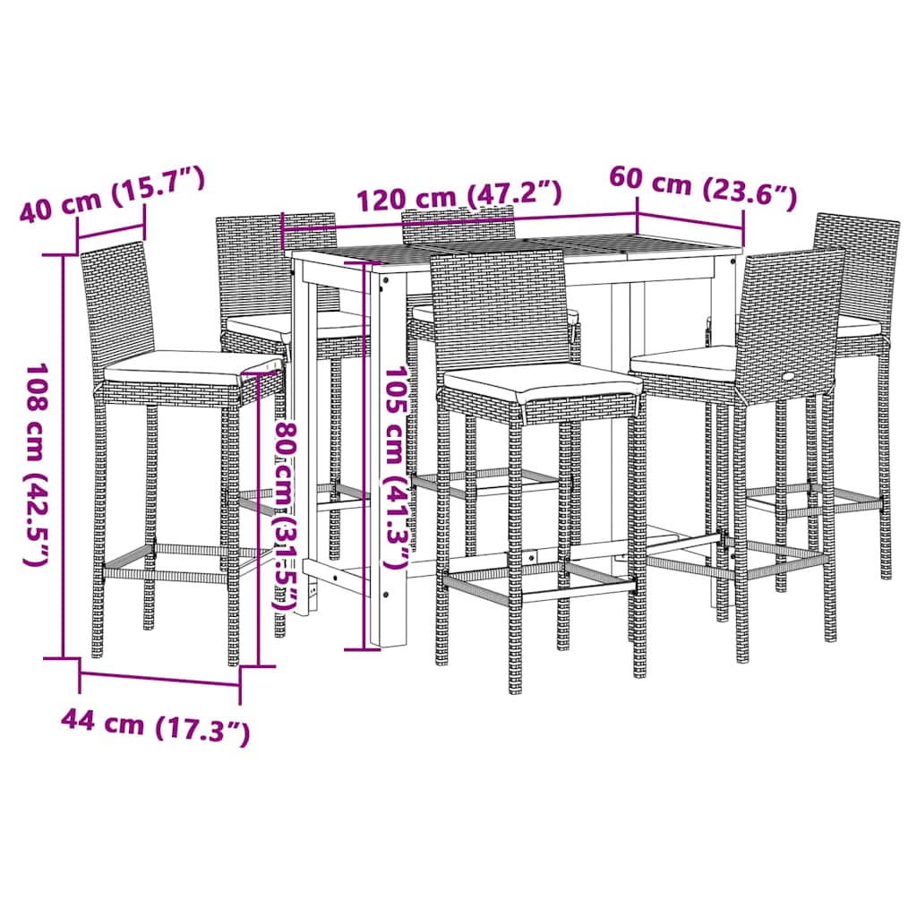 Ensemble de bar de jardin 7 pcs noir bois massif acacia rotin - XIOS