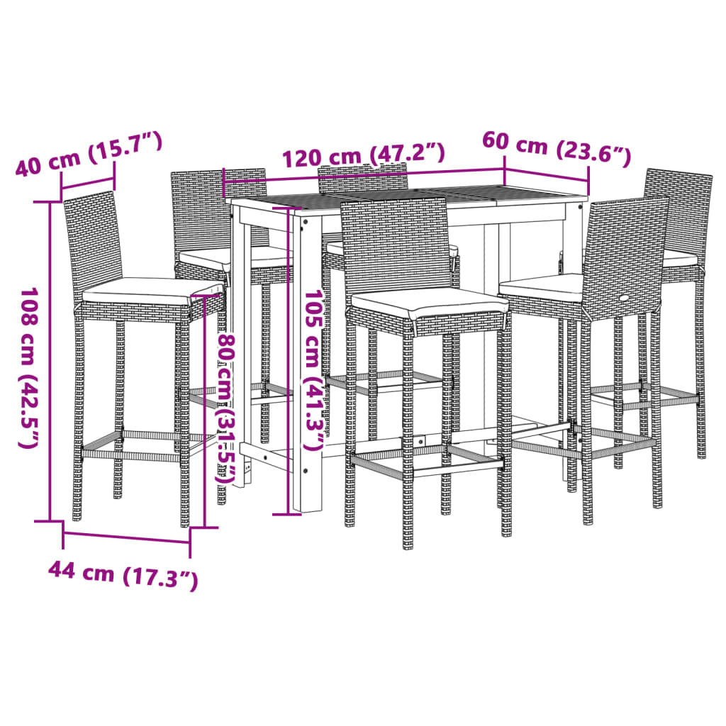 Ensemble de bar de jardin 7 pcs gris bois massif acacia rotin - XIOS