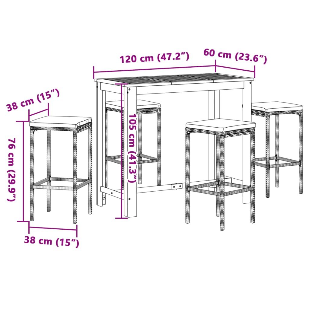 Ensemble de bar de jardin 5 pcs marron bois massif acacia rotin - XIOS