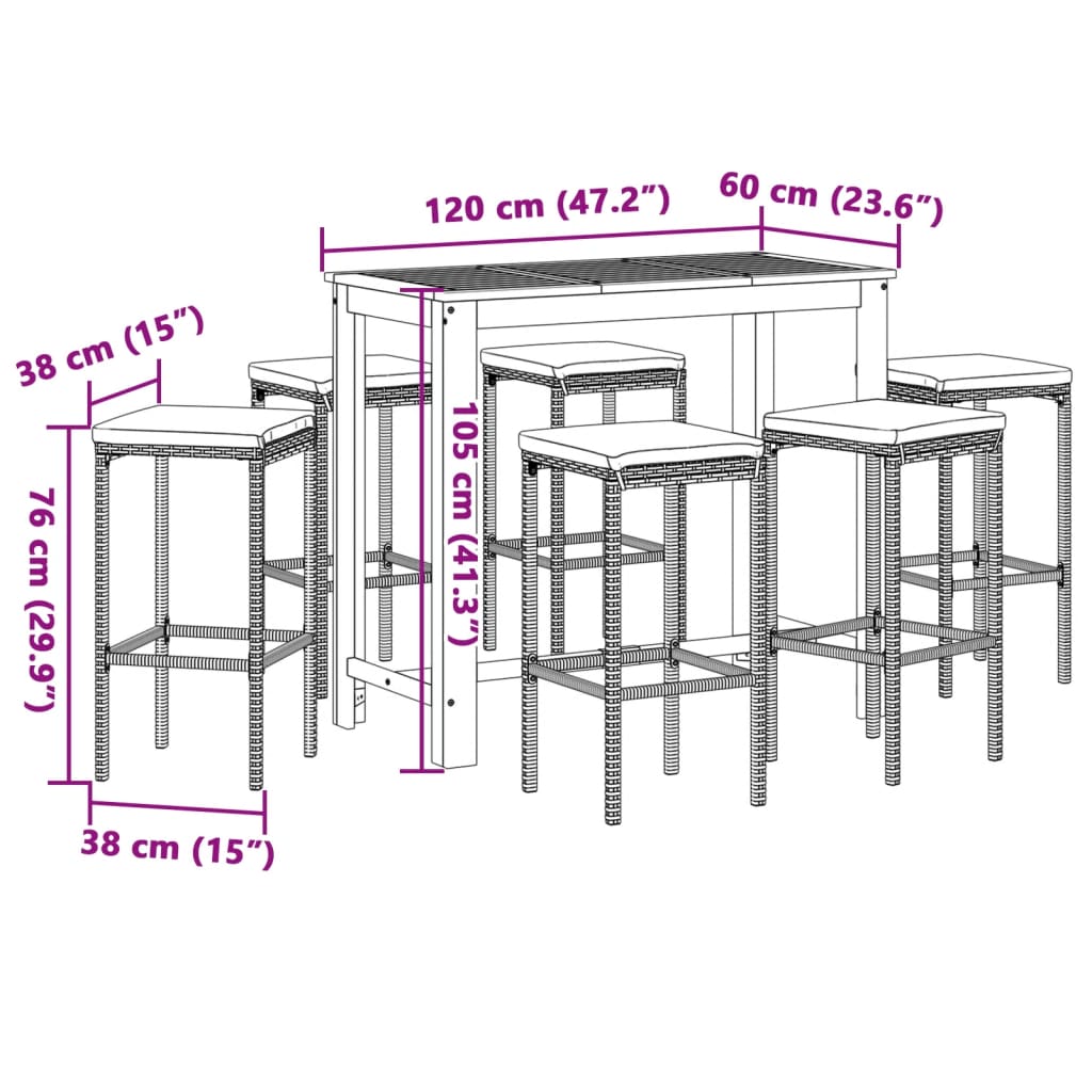Ensemble de bar de jardin 7 pcs marron bois massif acacia rotin - XIOS