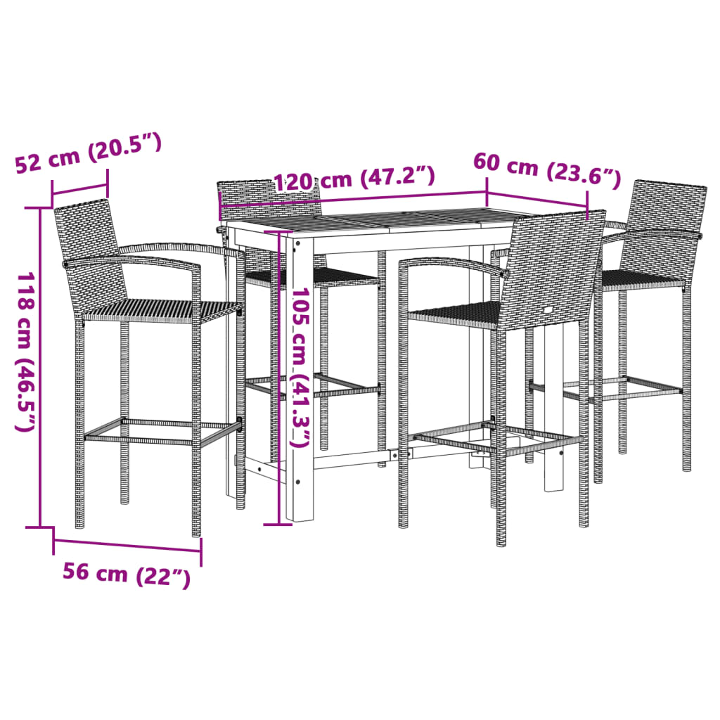 Ensemble de bar de jardin 5 pcs marron bois massif acacia rotin - XIOS