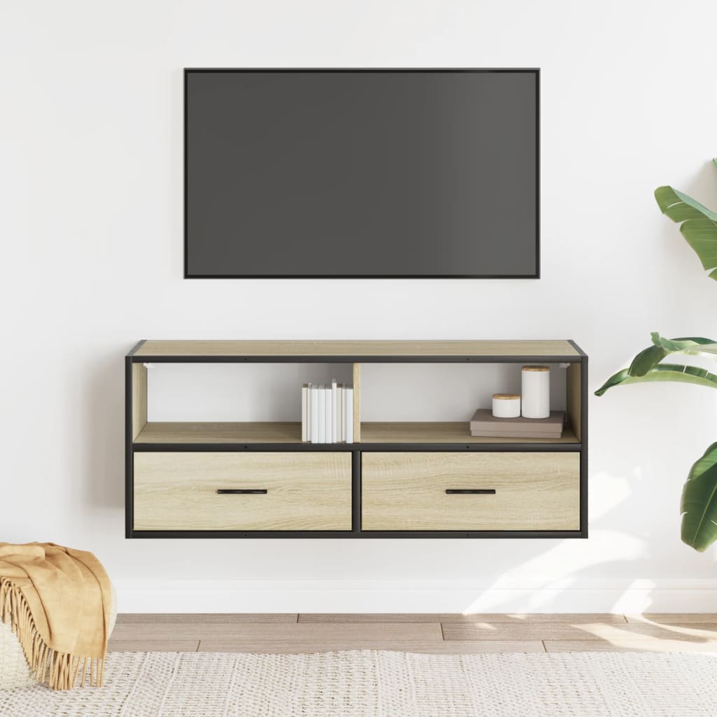 Meuble TV chêne sonoma 100x31x39,5cm bois d'ingénierie et métal - XIOS
