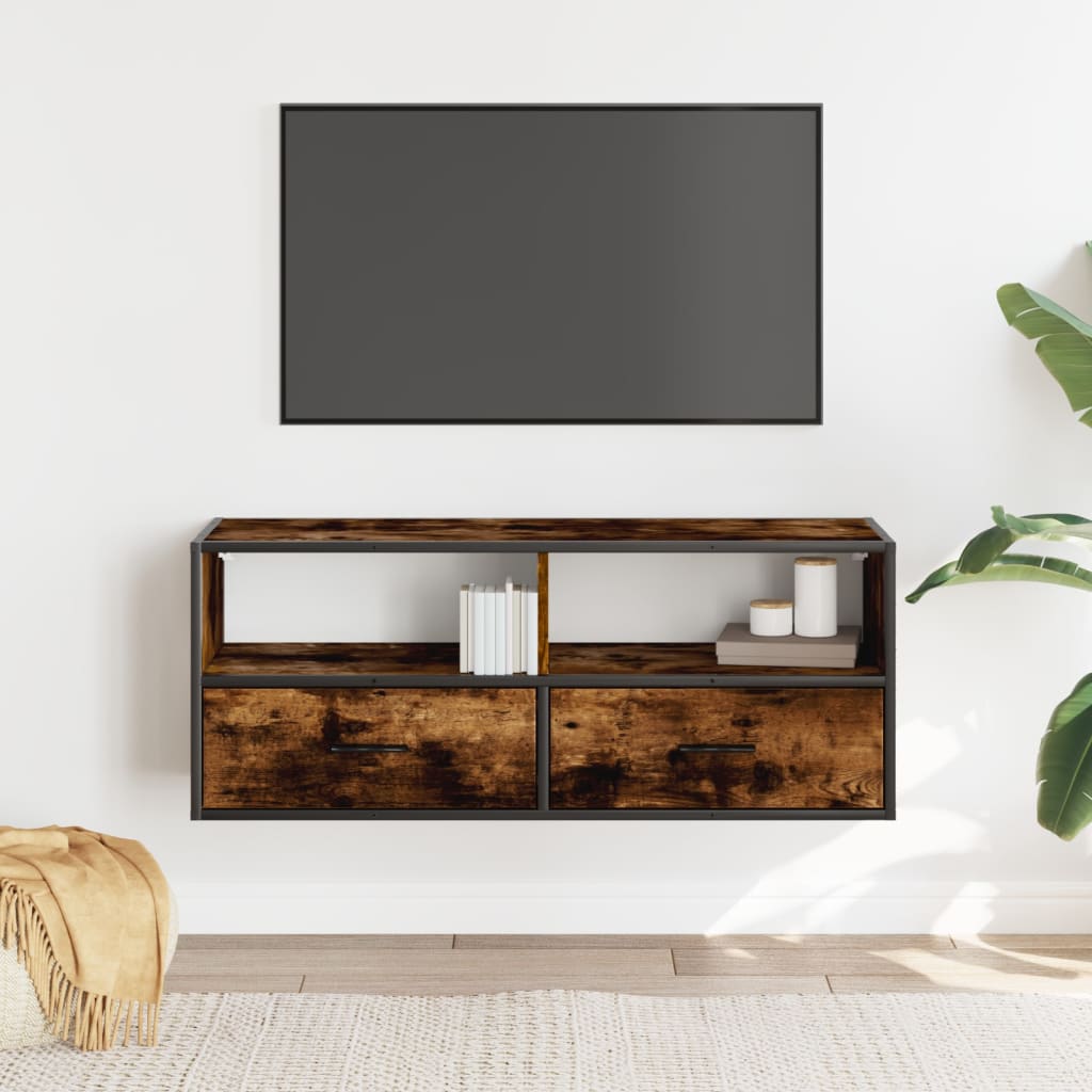Meuble TV chêne fumé 100x31x39,5 cm bois d'ingénierie et métal - XIOS