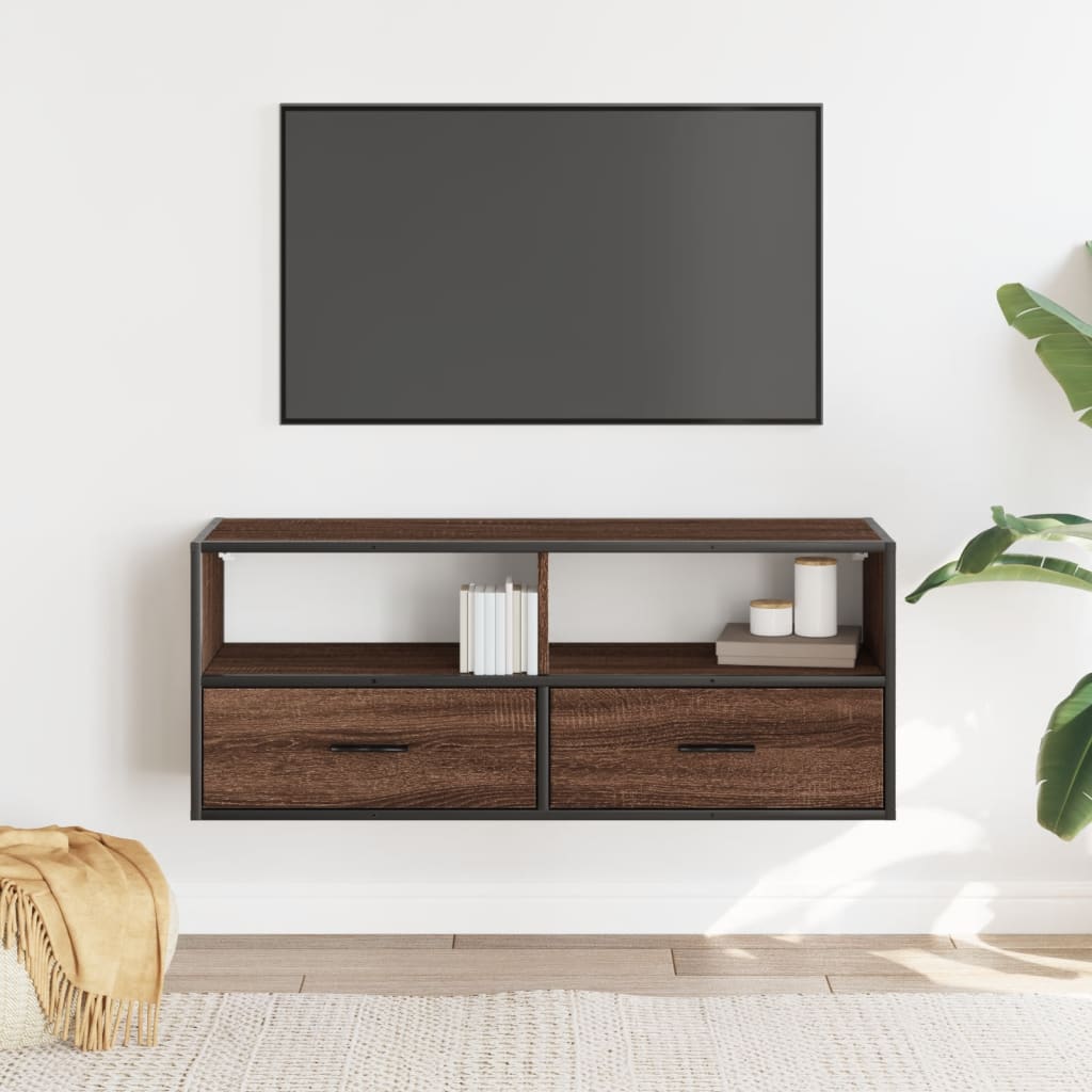 Meuble TV chêne marron 100x31x39,5cm bois d'ingénierie et métal - XIOS