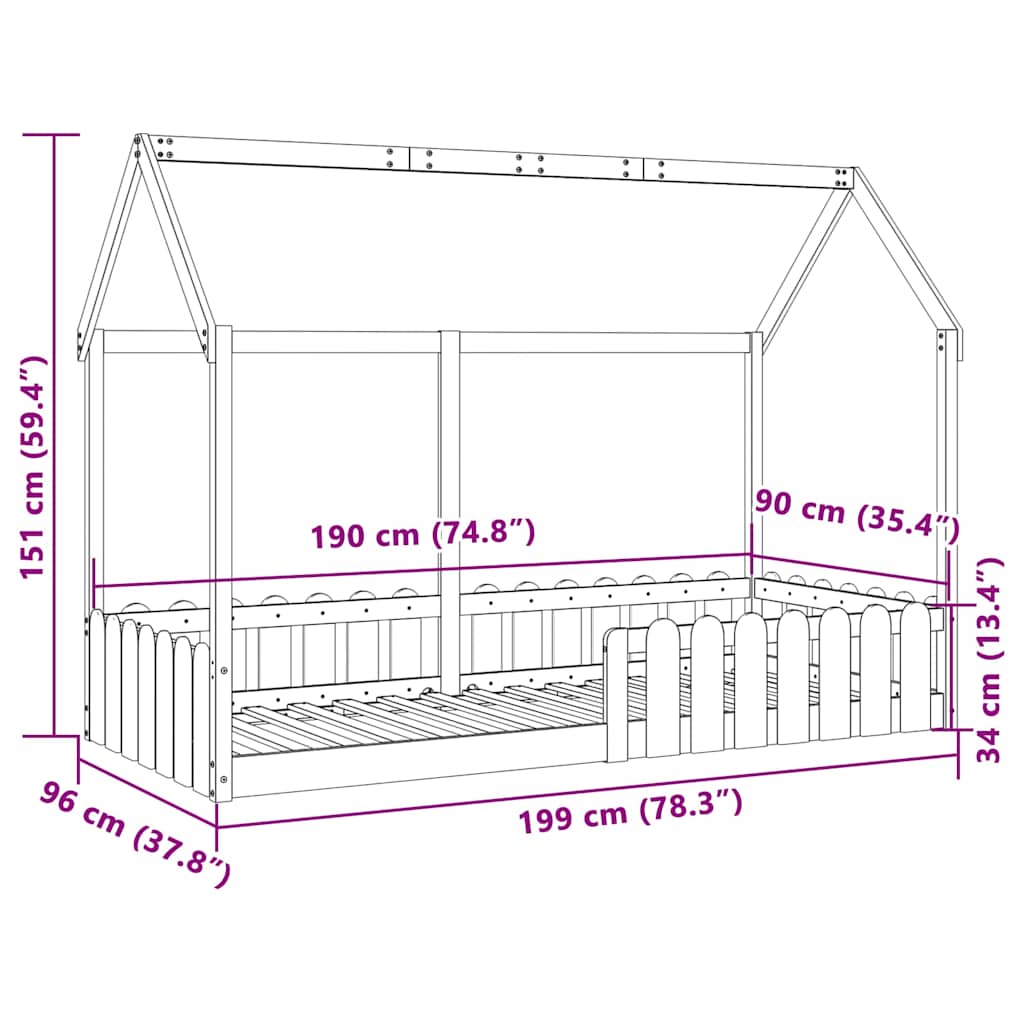 Cadre de lit d'enfants forme de maison sans matelas pin massif