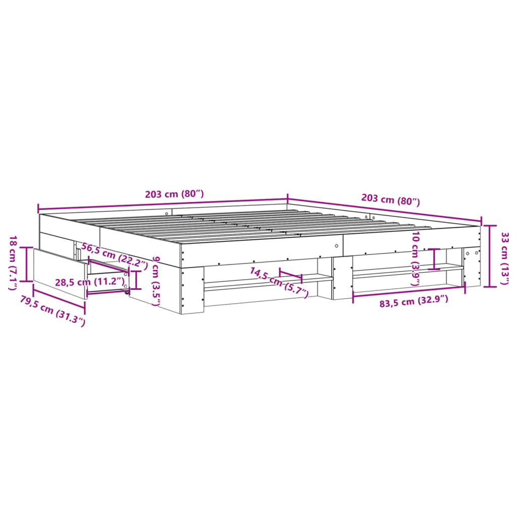 Cadre de lit sans matelas gris béton 200x200 cm bois ingénierie - XIOS