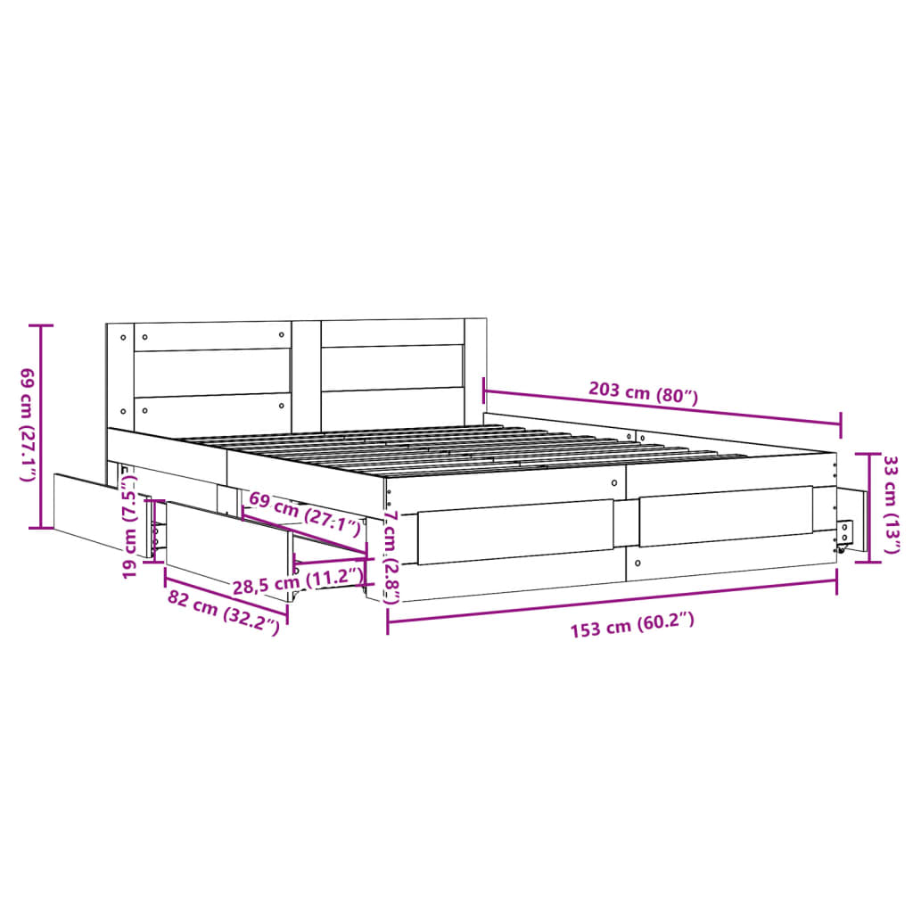 Cadre de lit tête de lit sans matelas chêne sonoma 150x200 cm - XIOS